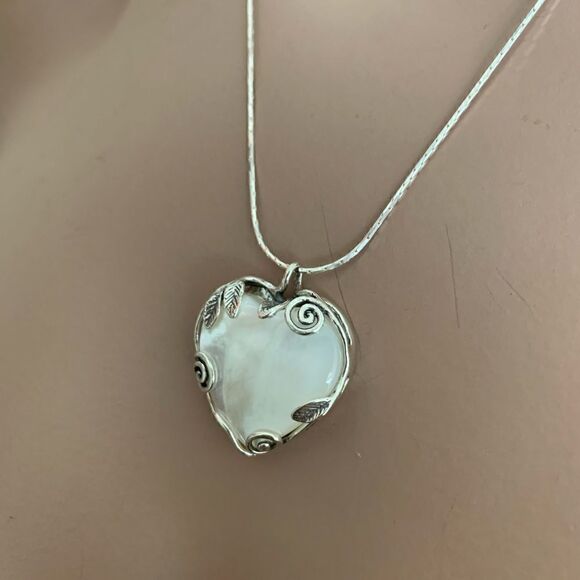 Sterling Silver  Heart Shaped Genuine Mother of Pearl Necklace - Picture 5 of 13